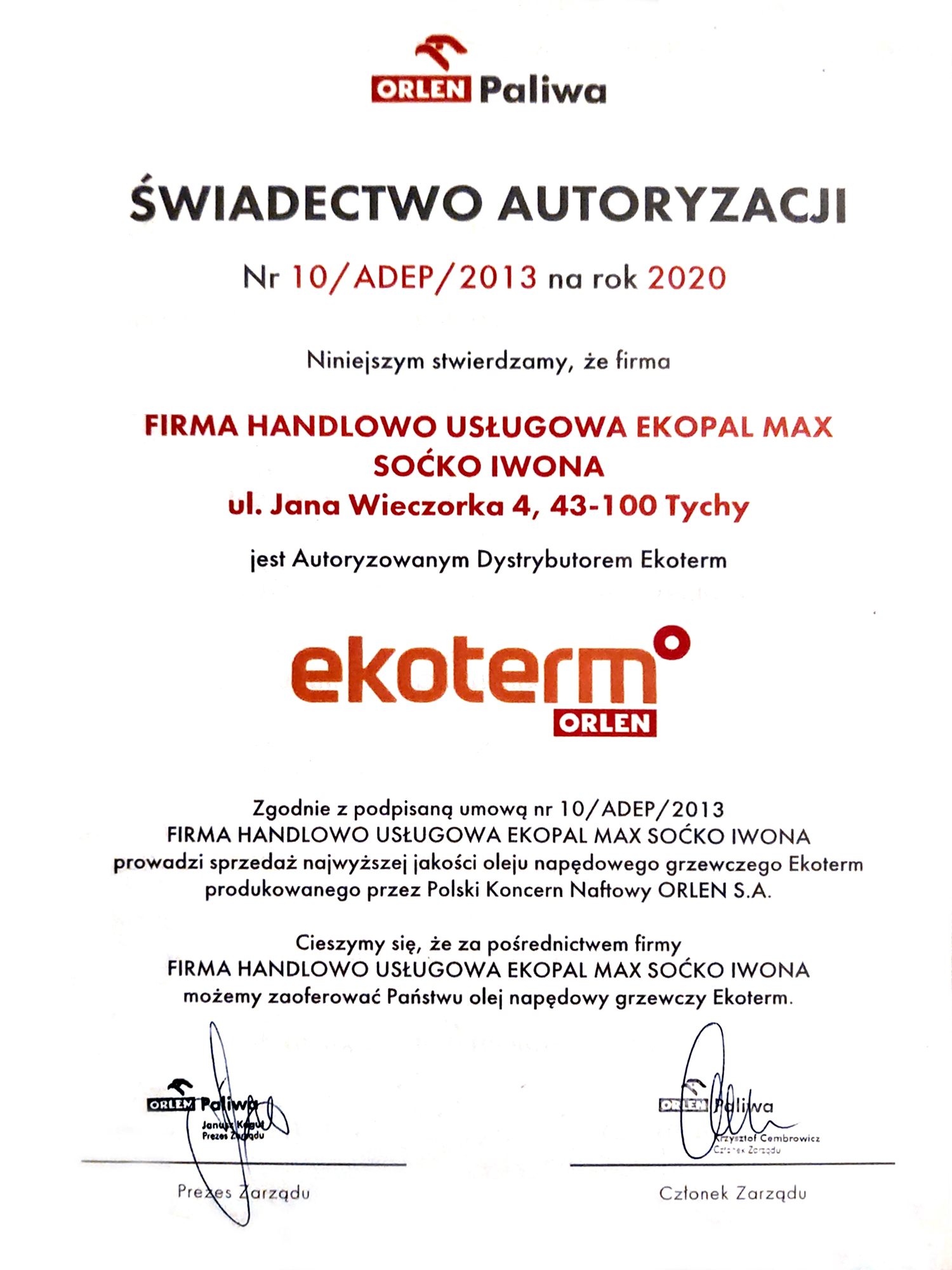 swiadectwo autoryzacji 2015